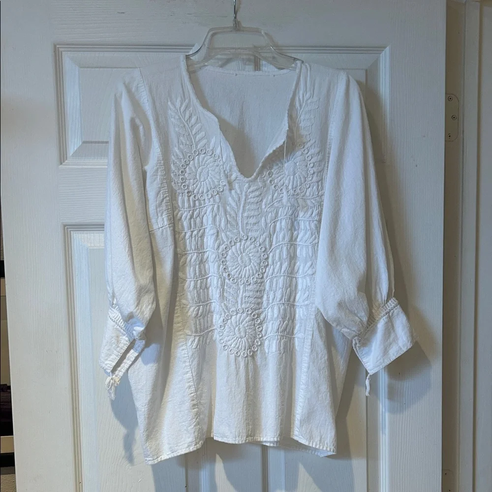 Women's White Embroidered Oaxacan V-Neck Blouse - Picture 1 of 6